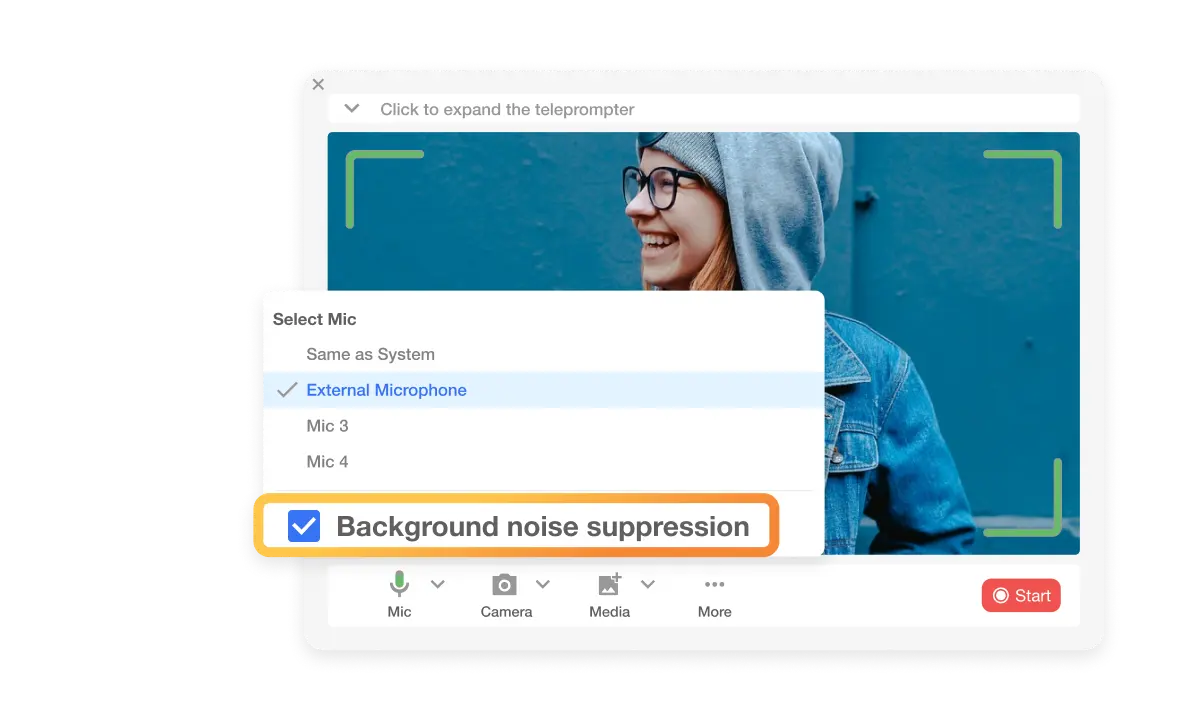 AI Noise Reduction in video recording, featuring background noise suppression for clear voice recording in any environment.